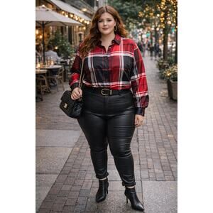 Coldwater Creek Women’s Plus Size Silk Blouse Plaid Black Red 1x Career Classic